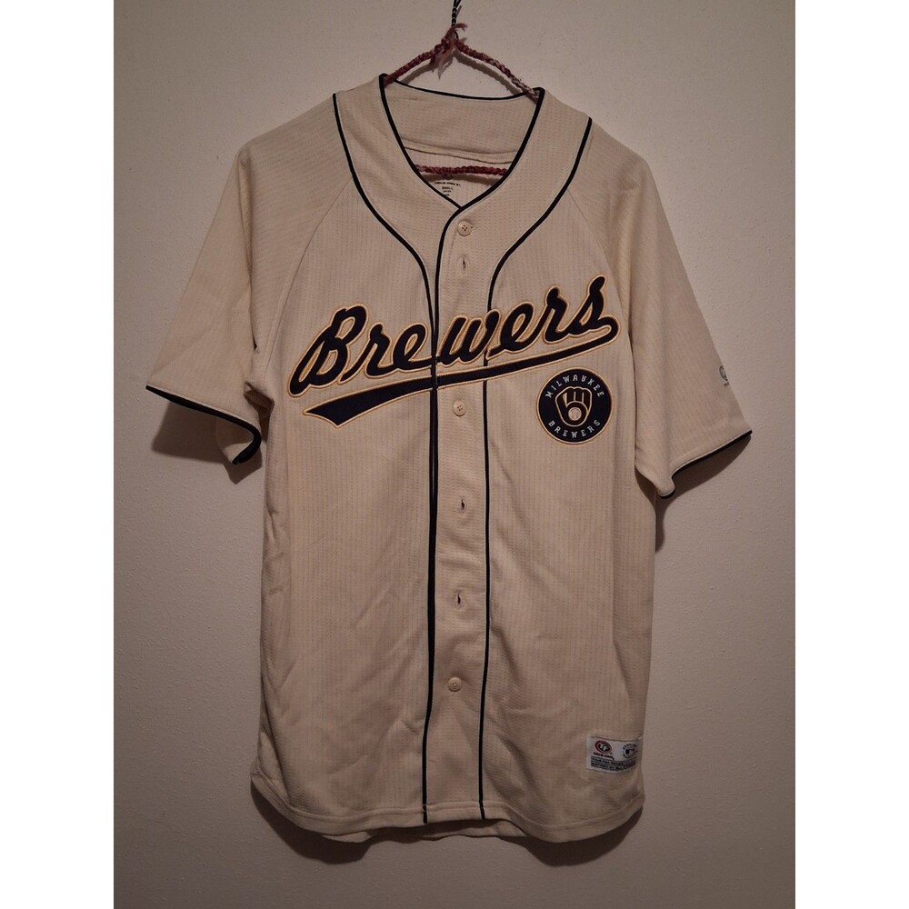 Milwaukee Brewers MLB Baseball Button Up Jersey Cream Gold Stitching Small